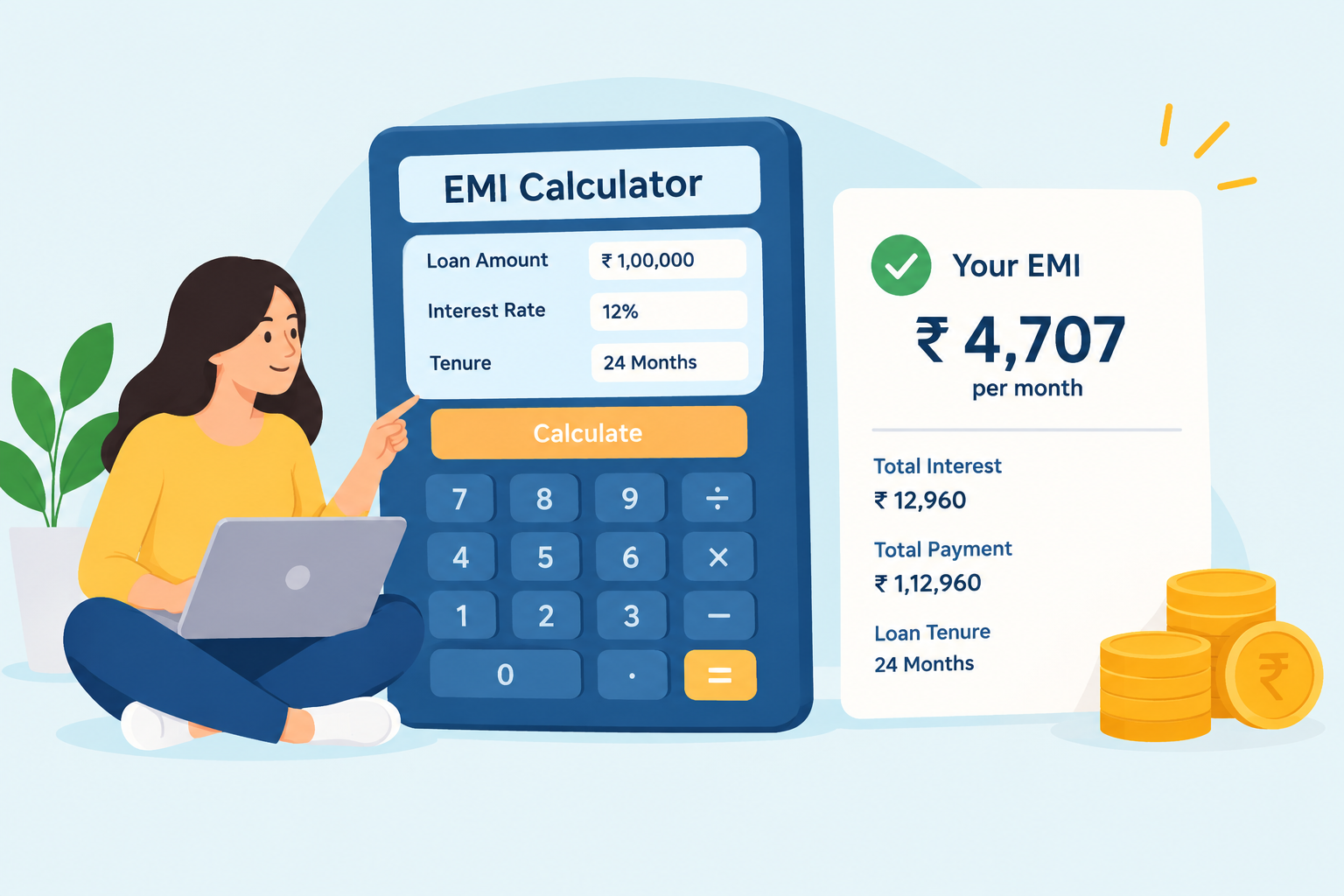 Personal loan EMI calculator showing a ₹1,00,000 loan at 12% annual interest for 24 months, with an estimated monthly EMI of ₹4,707, total interest of ₹12,960, and total repayment of ₹1,12,960.